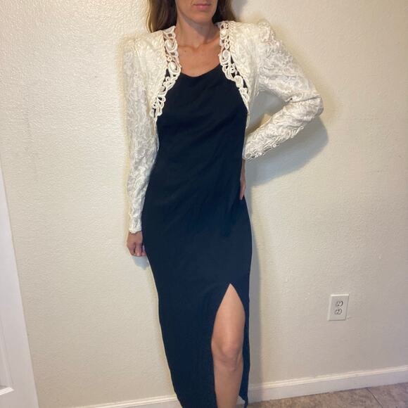 Vintage Scott McClintock Black & White Long Sleeve Lace Trim Gown Dress Size 10 - Picture 4 of 5